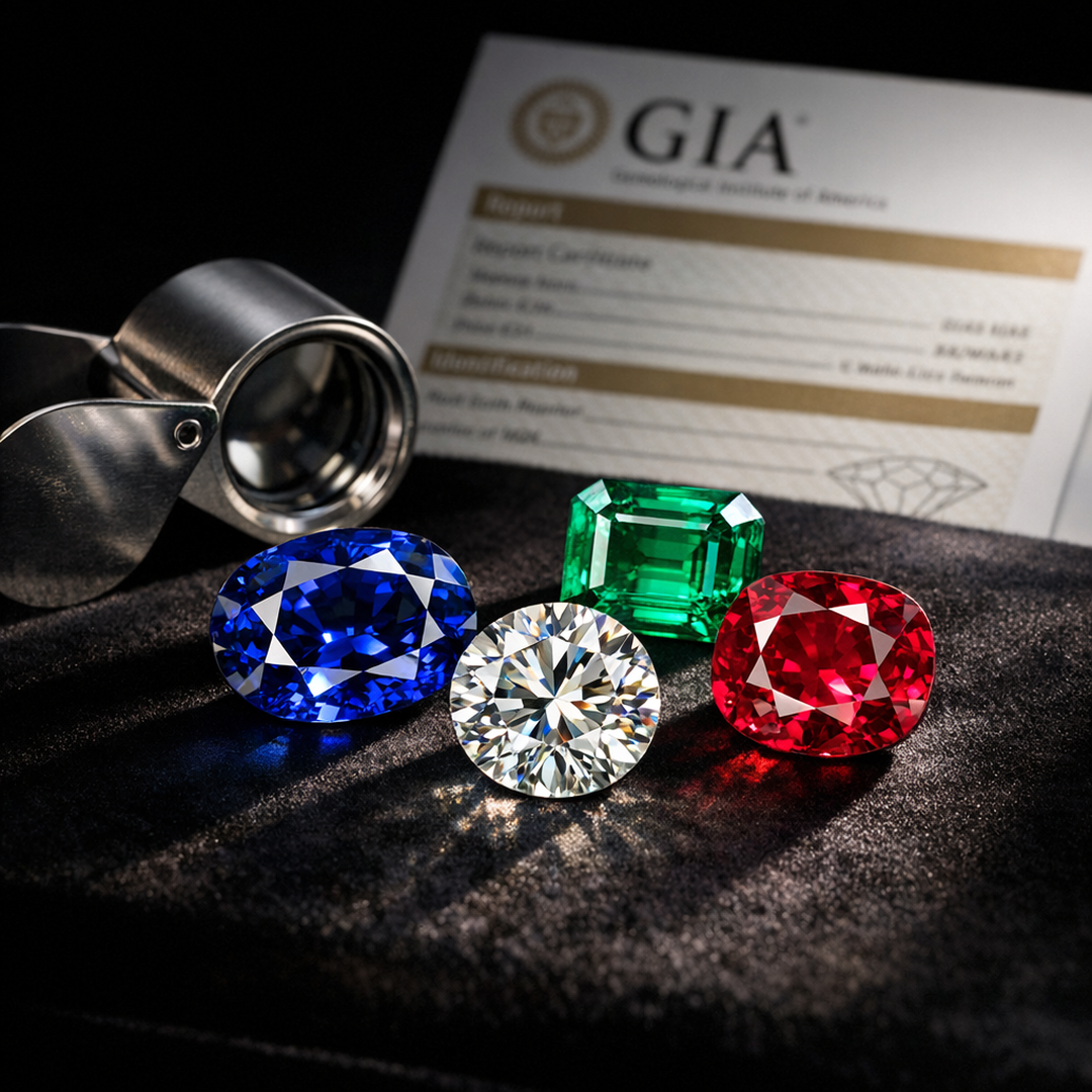 Loose gemstones including sapphire, diamond, emerald, and ruby arranged on dark velvet with a jeweller's loupe and GIA certificate