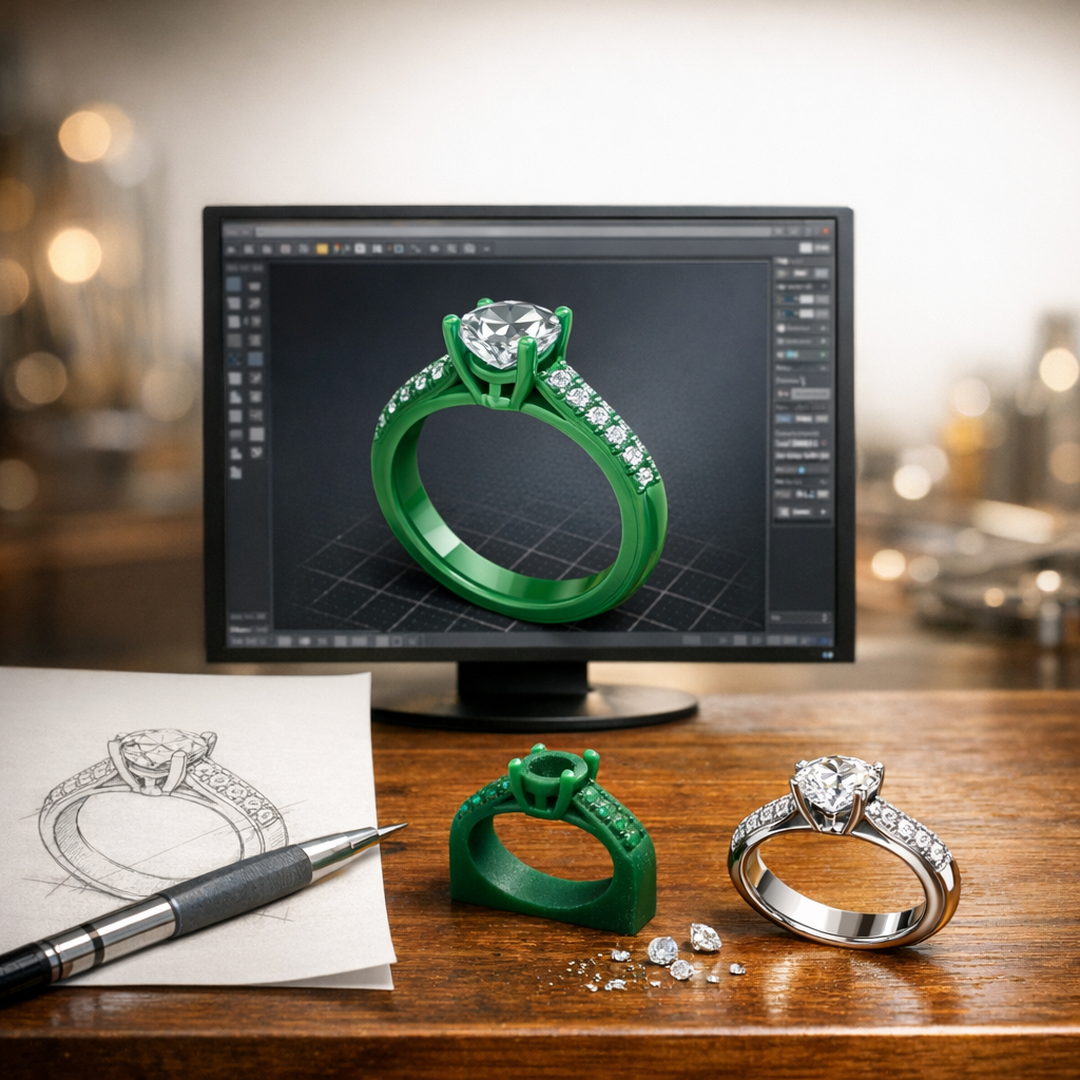 The bespoke ring creation journey from pencil sketch to CAD design to wax model to finished platinum diamond ring