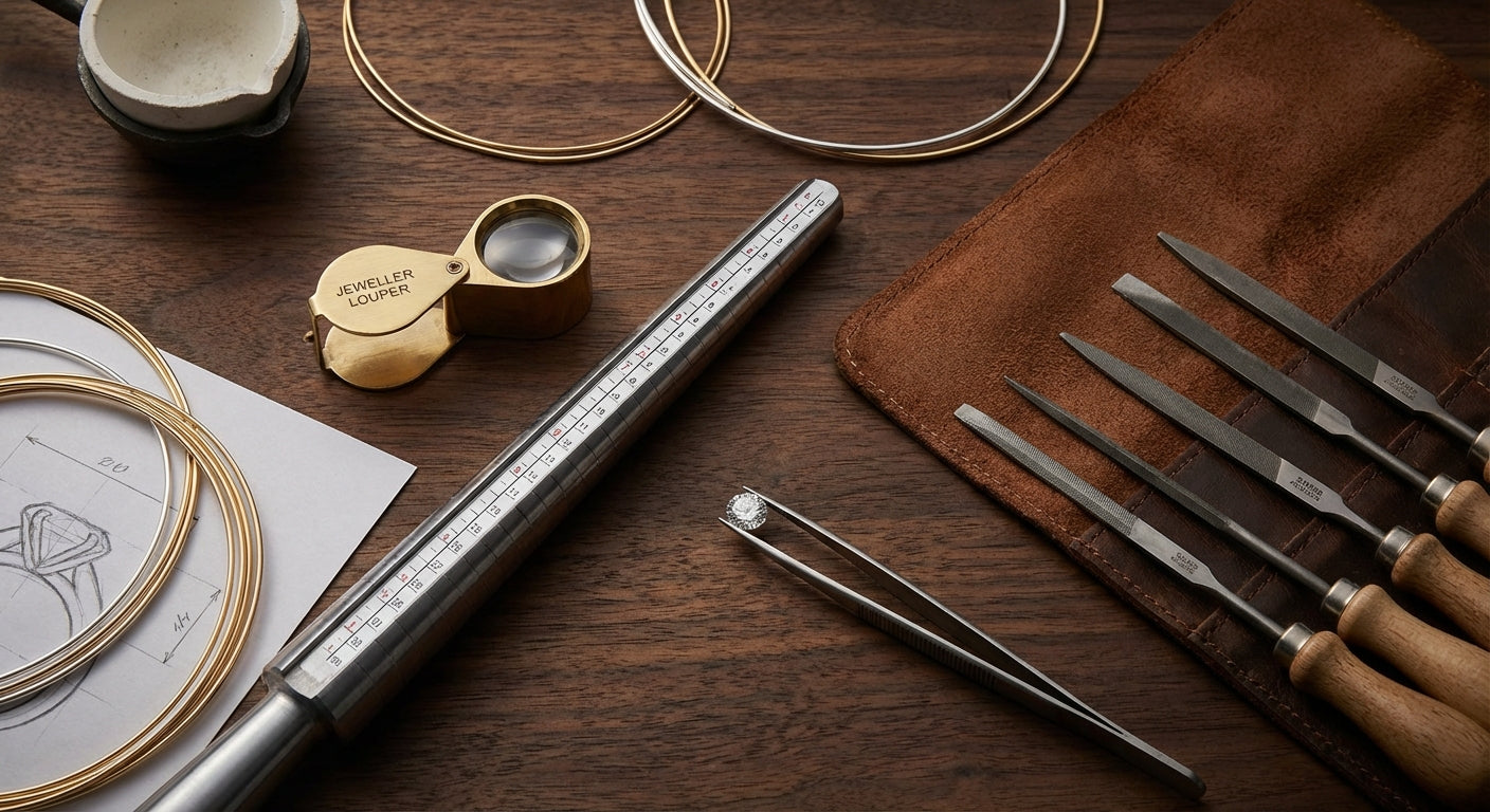 Jewellery making tools on a walnut workbench including loupe, ring mandrel, files and tweezers holding a diamond