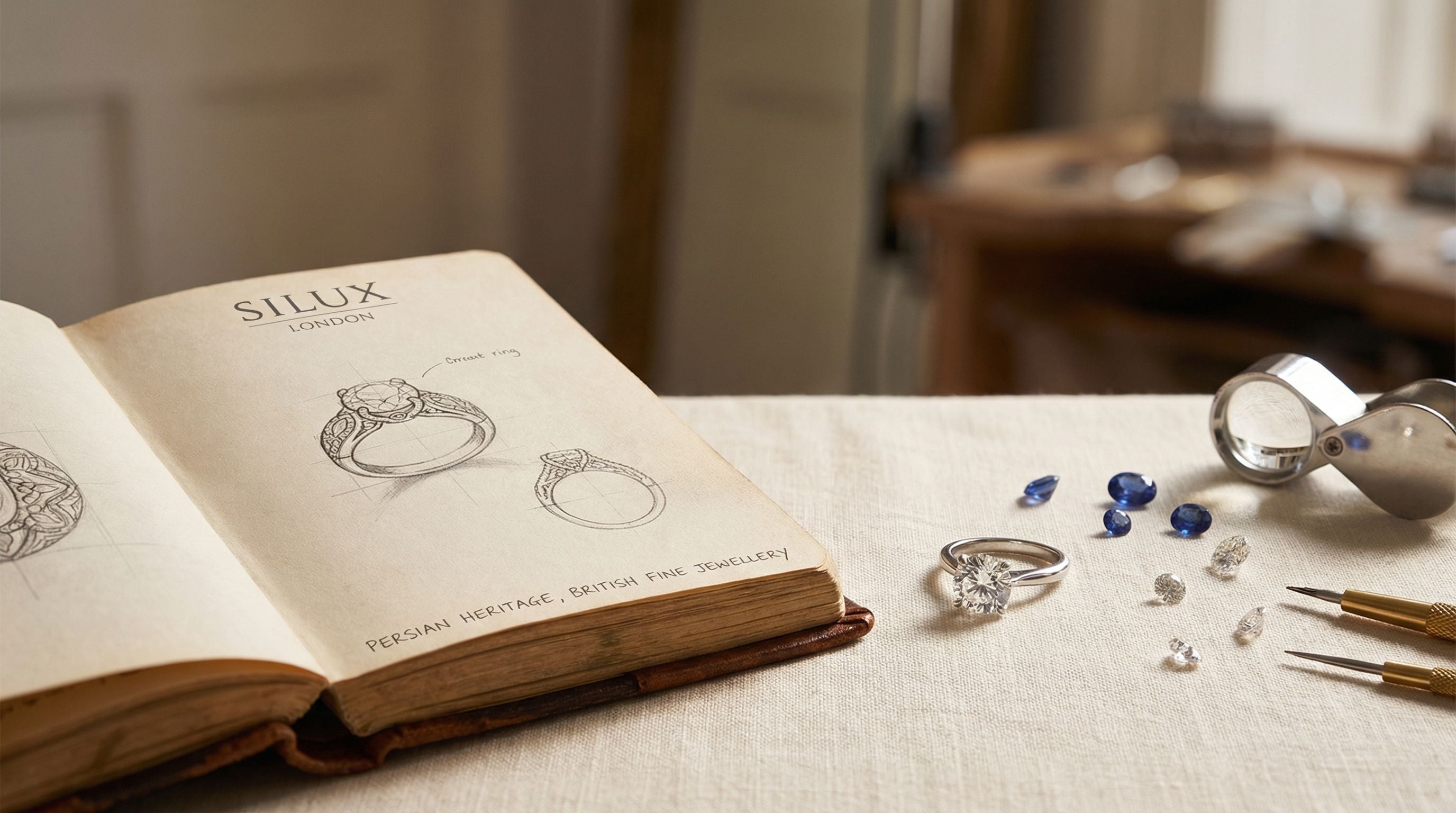Bespoke jewellery design process - sketchbook, diamond ring and gemstones - Silux London