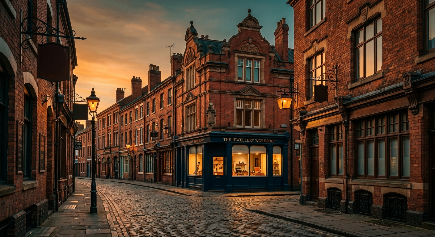 Birmingham Jewellery Quarter at dusk - Victorian workshop buildings with warm lamp light on cobblestone streets