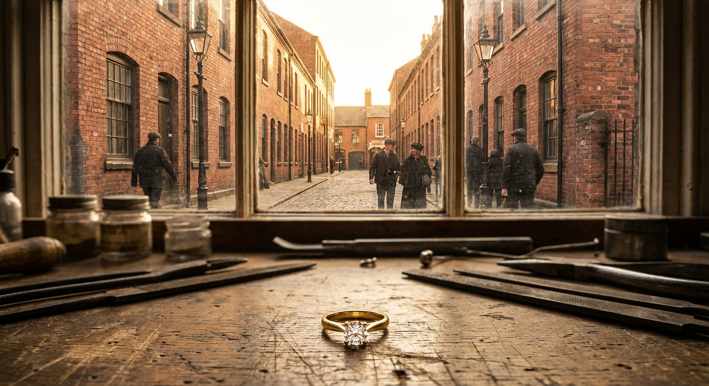 A bespoke diamond engagement ring resting on a jeweller's workbench in Birmingham's Jewellery Quarter — Silux London