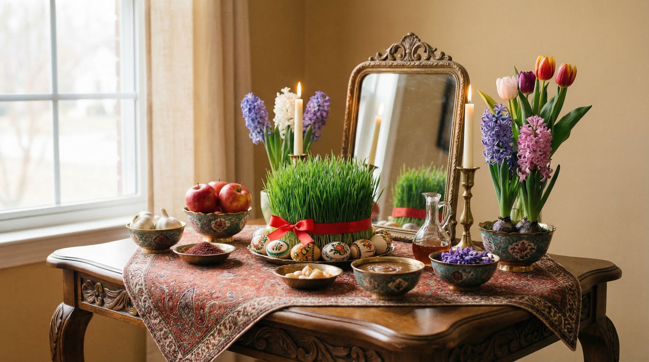 Haft-sin table for Nowruz Persian New Year celebration