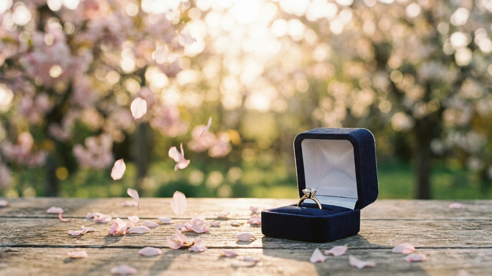 Diamond engagement ring in open ring box with cherry blossom petals - spring proposal UK 2026