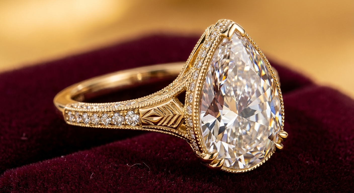 Pear cut diamond engagement ring in 18ct yellow gold with milgrain detailing - Silux London bespoke
