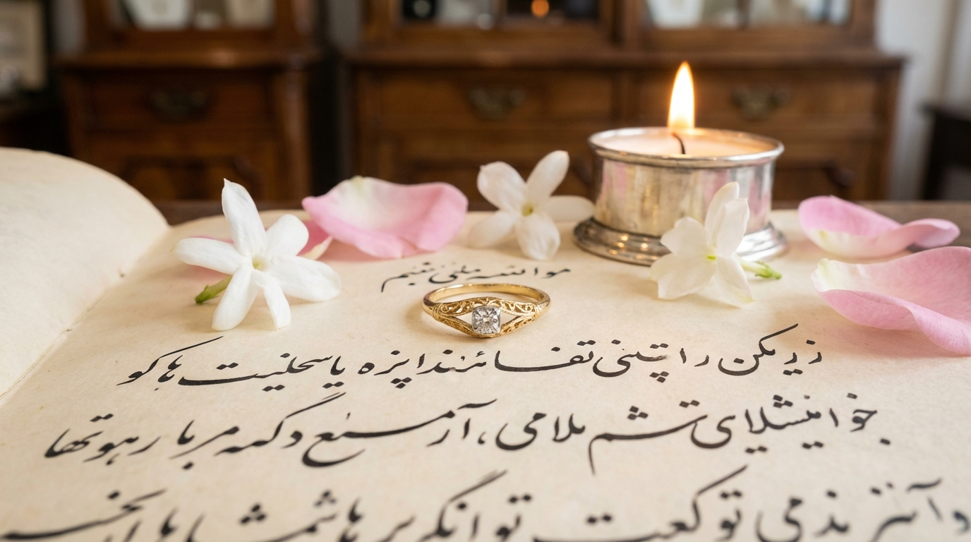 18ct yellow gold engagement ring resting on Persian wedding contract with Nastaliq calligraphy and jasmine blossoms