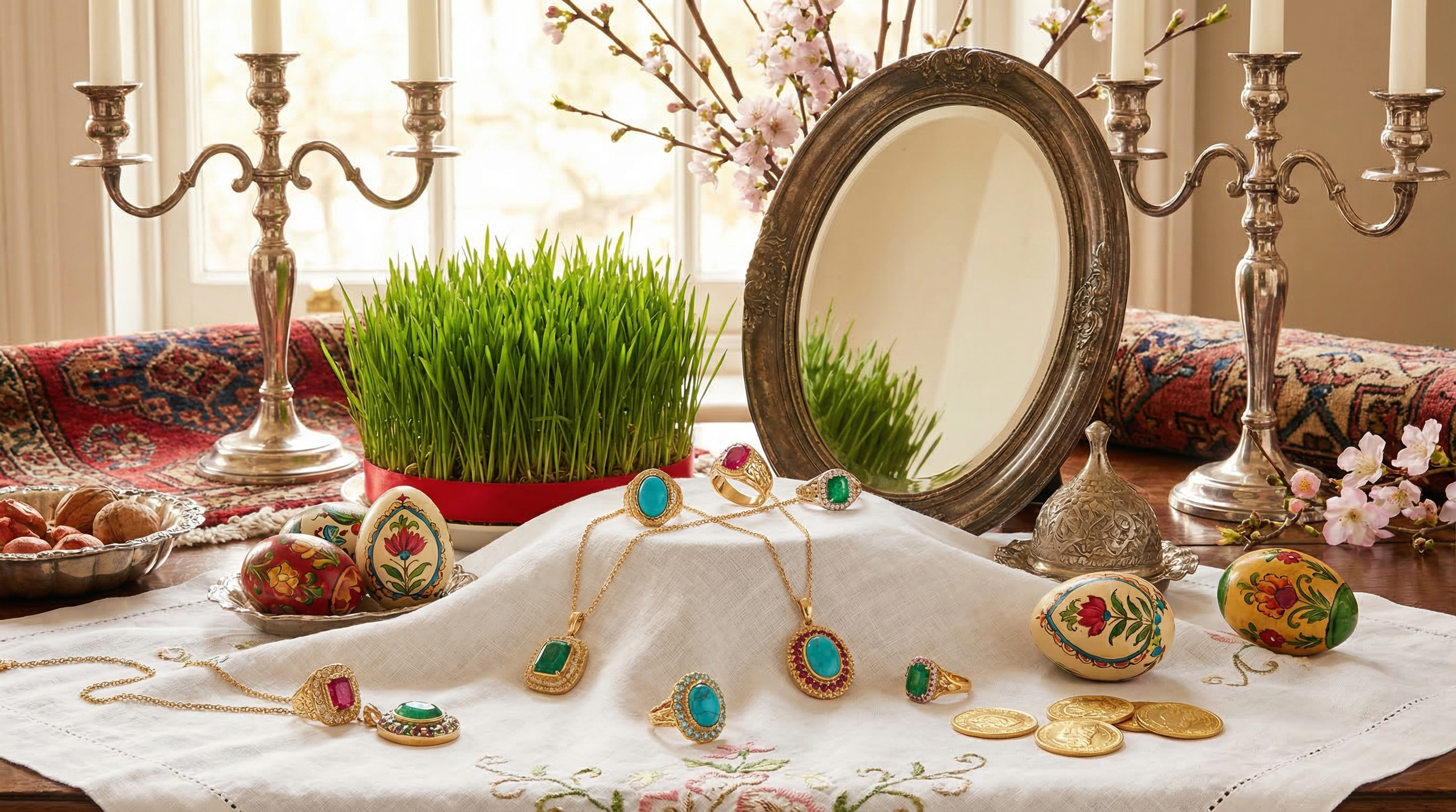 Nowruz Persian New Year jewellery gifts with Haft-Sin table