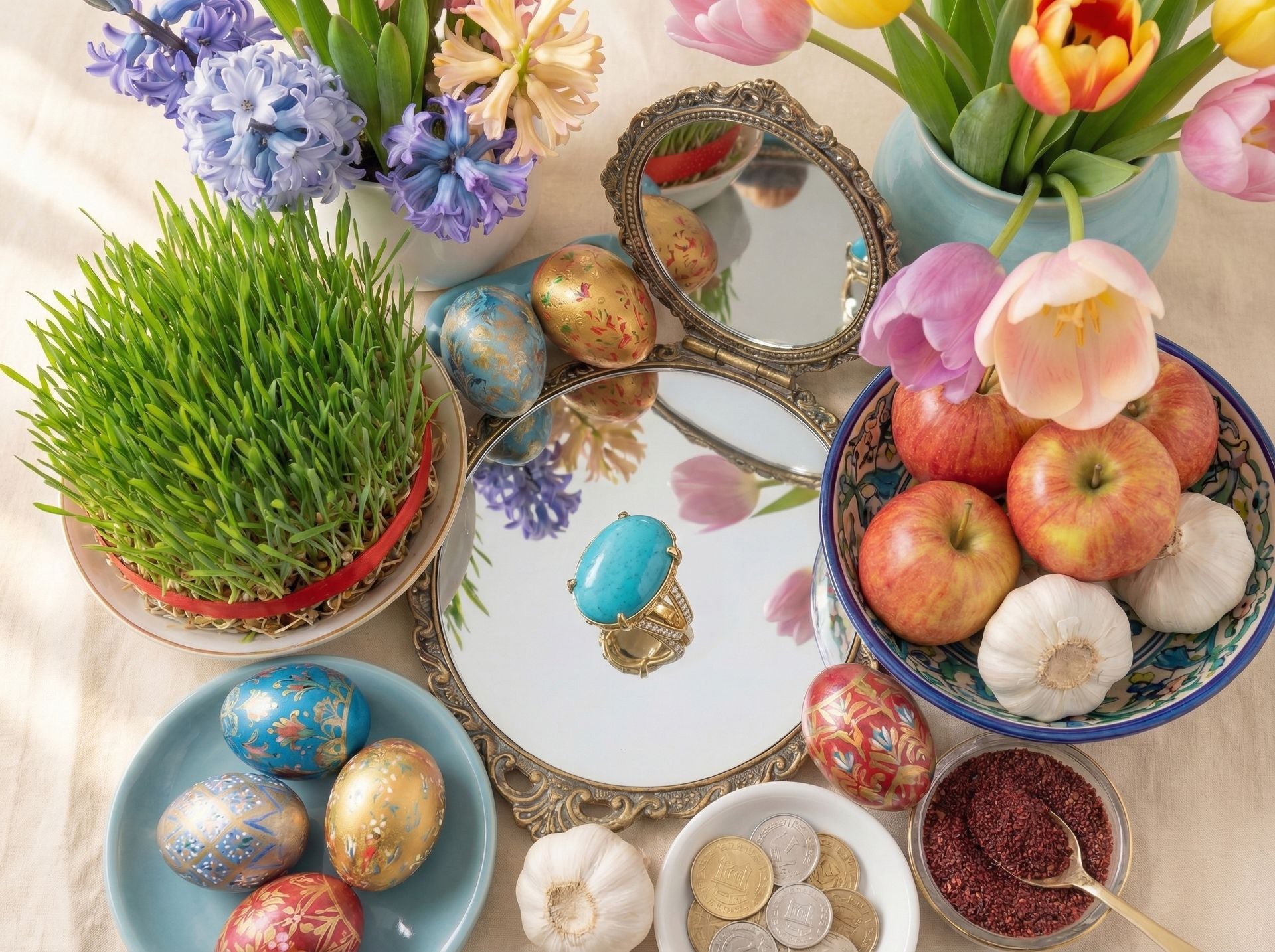 Nowruz 2026 gift guide - Firouzeh turquoise ring by Silux London on a Persian Haft-Sin table with hyacinths, wheatgrass and spring flowers