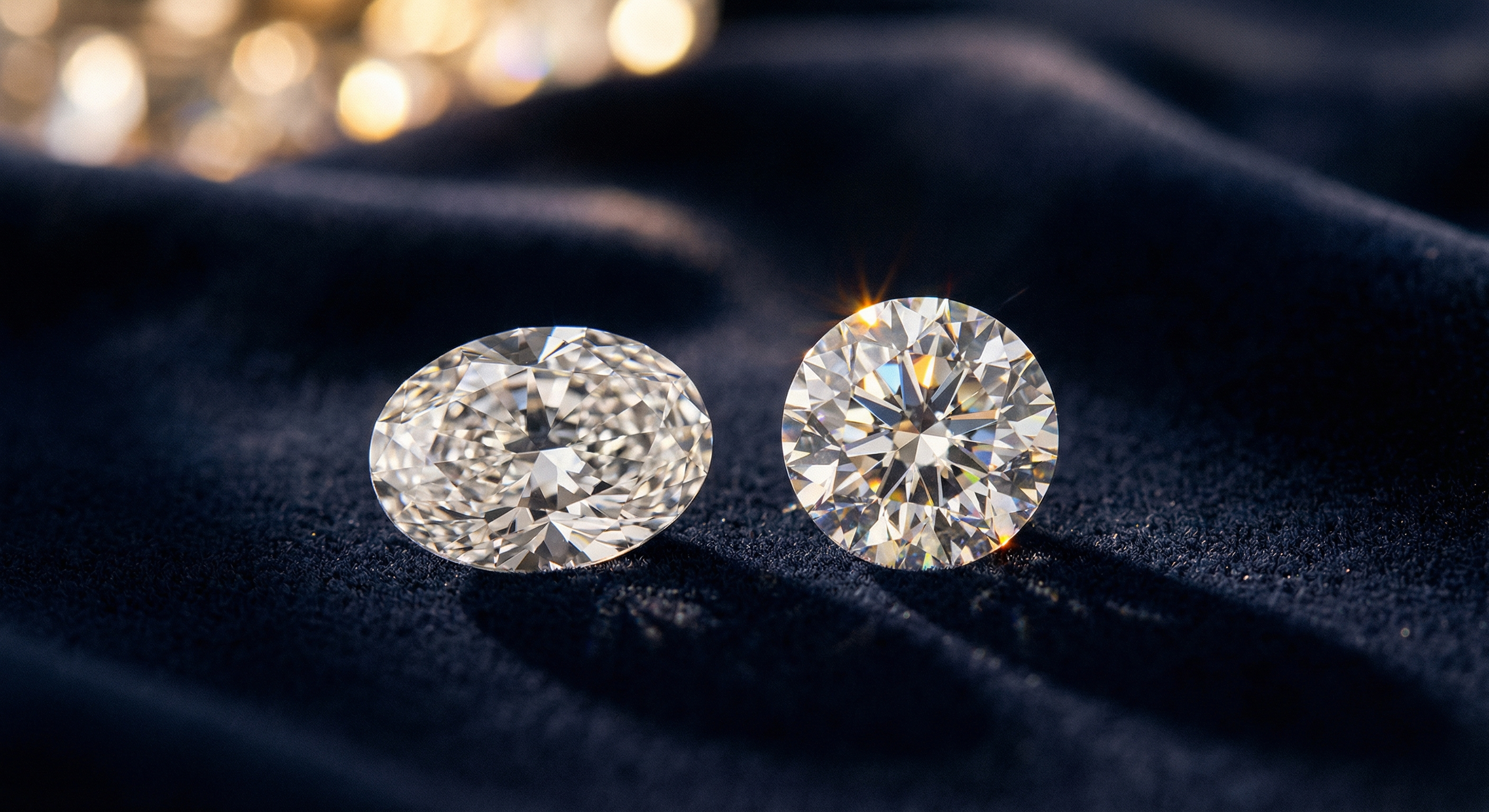 Oval cut diamond and round brilliant diamond side by side comparison