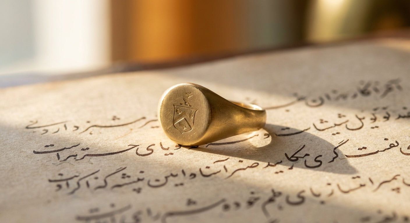 Gold oval signet ring with Persian calligraphy on aged manuscript paper
