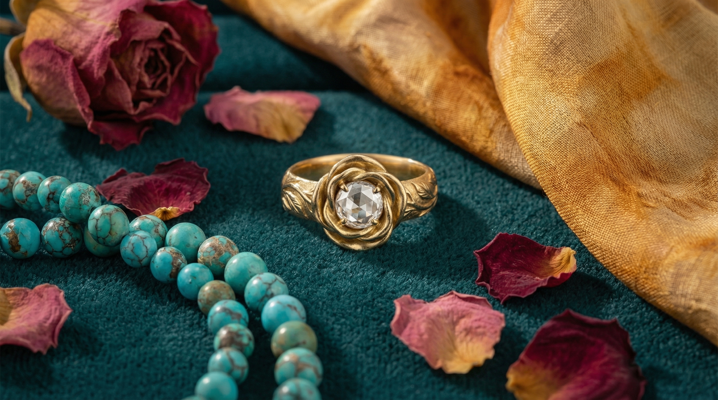 Silk Road jewellery heritage - Gol-e Sorkh rose-cut diamond ring on teal velvet with turquoise and dried roses