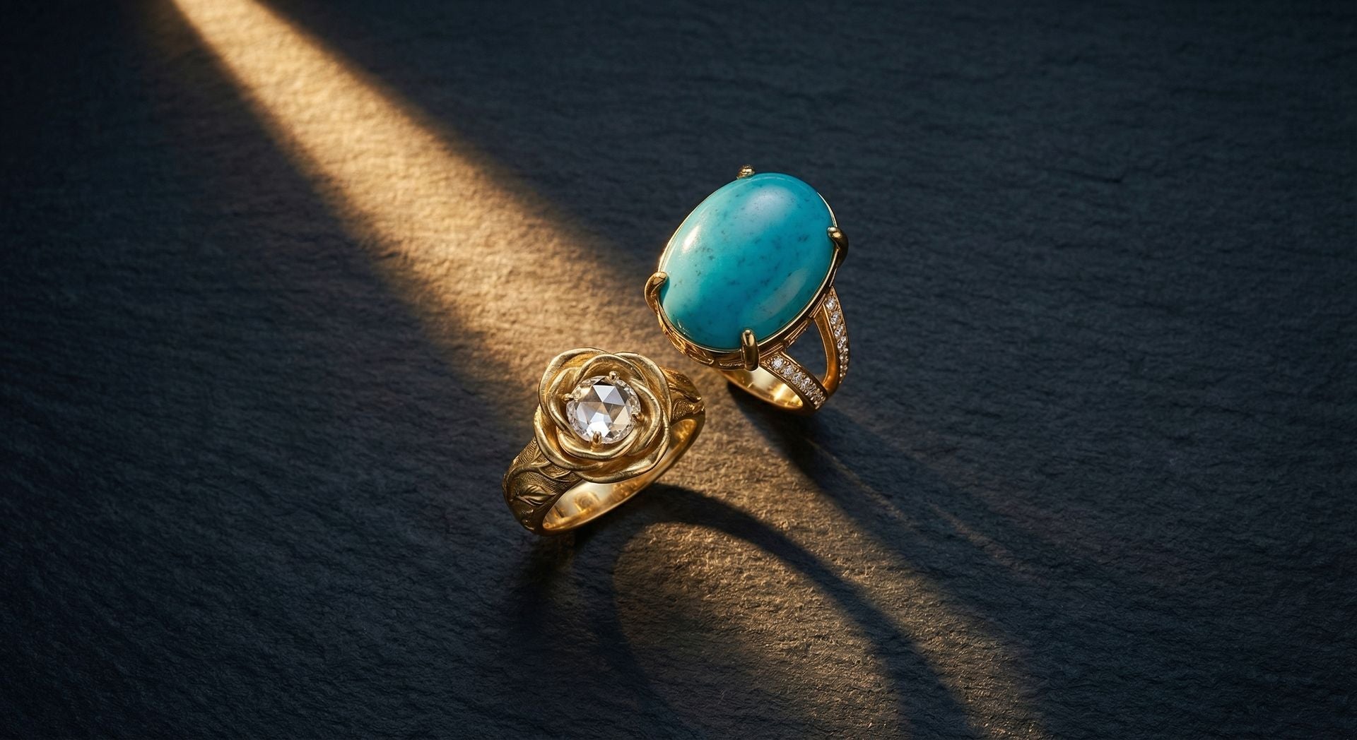 Statement jewellery 2026 - Firouzeh turquoise ring and Gol-e Sorkh cocktail ring by Silux London, dramatic editorial flat-lay