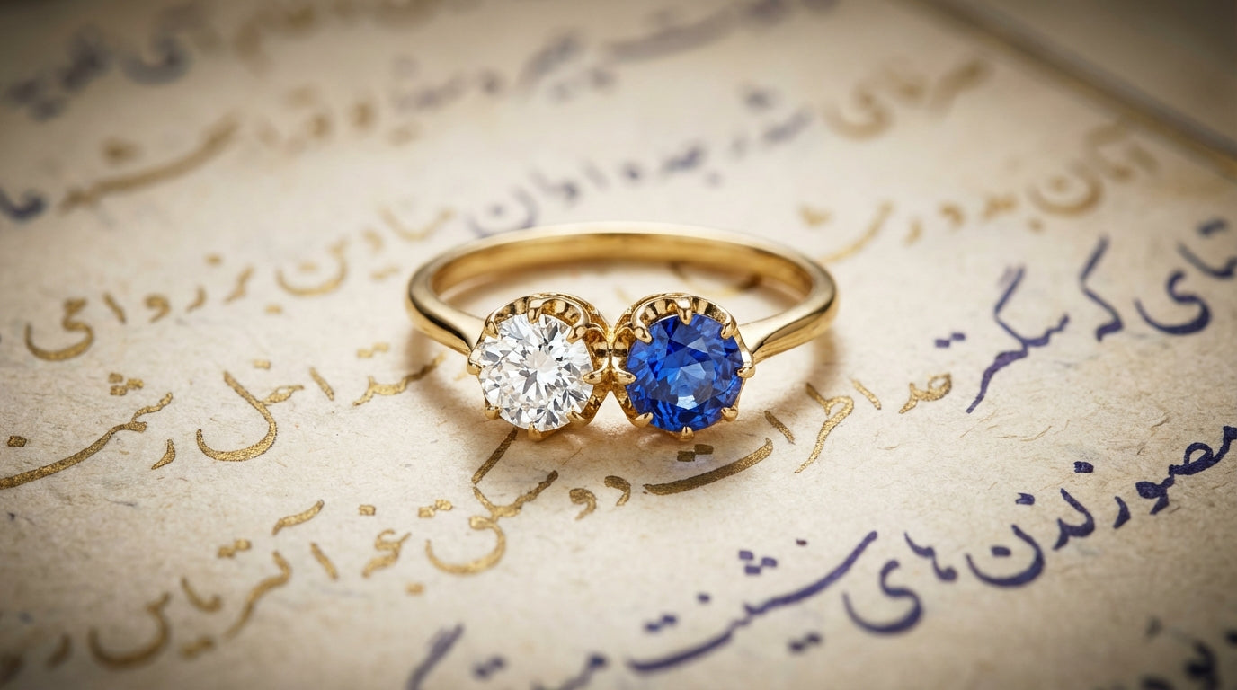 Toi et moi engagement ring with diamond and sapphire in 18ct yellow gold