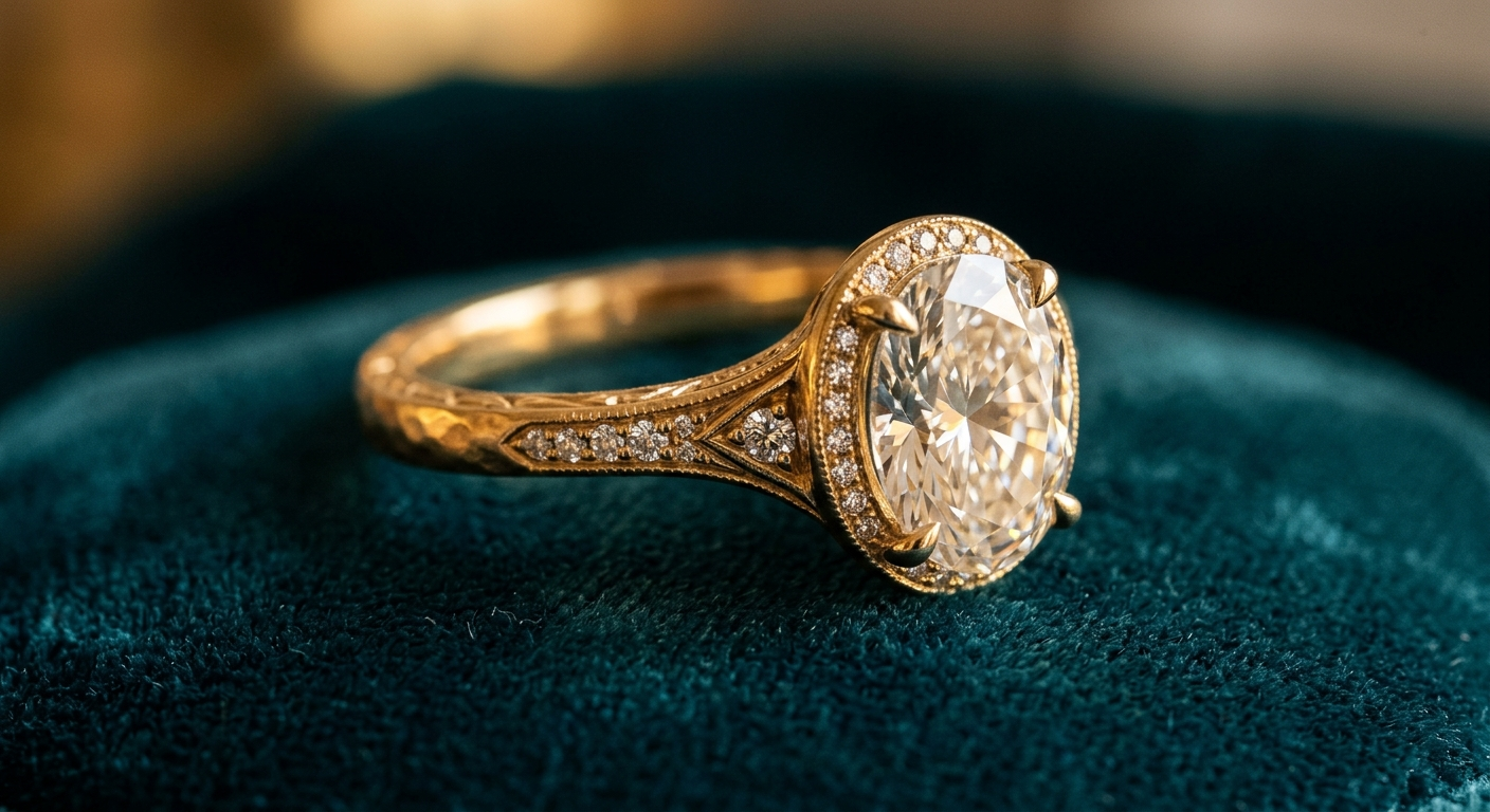 18ct yellow gold bespoke engagement ring with oval diamond halo on teal velvet - Silux London