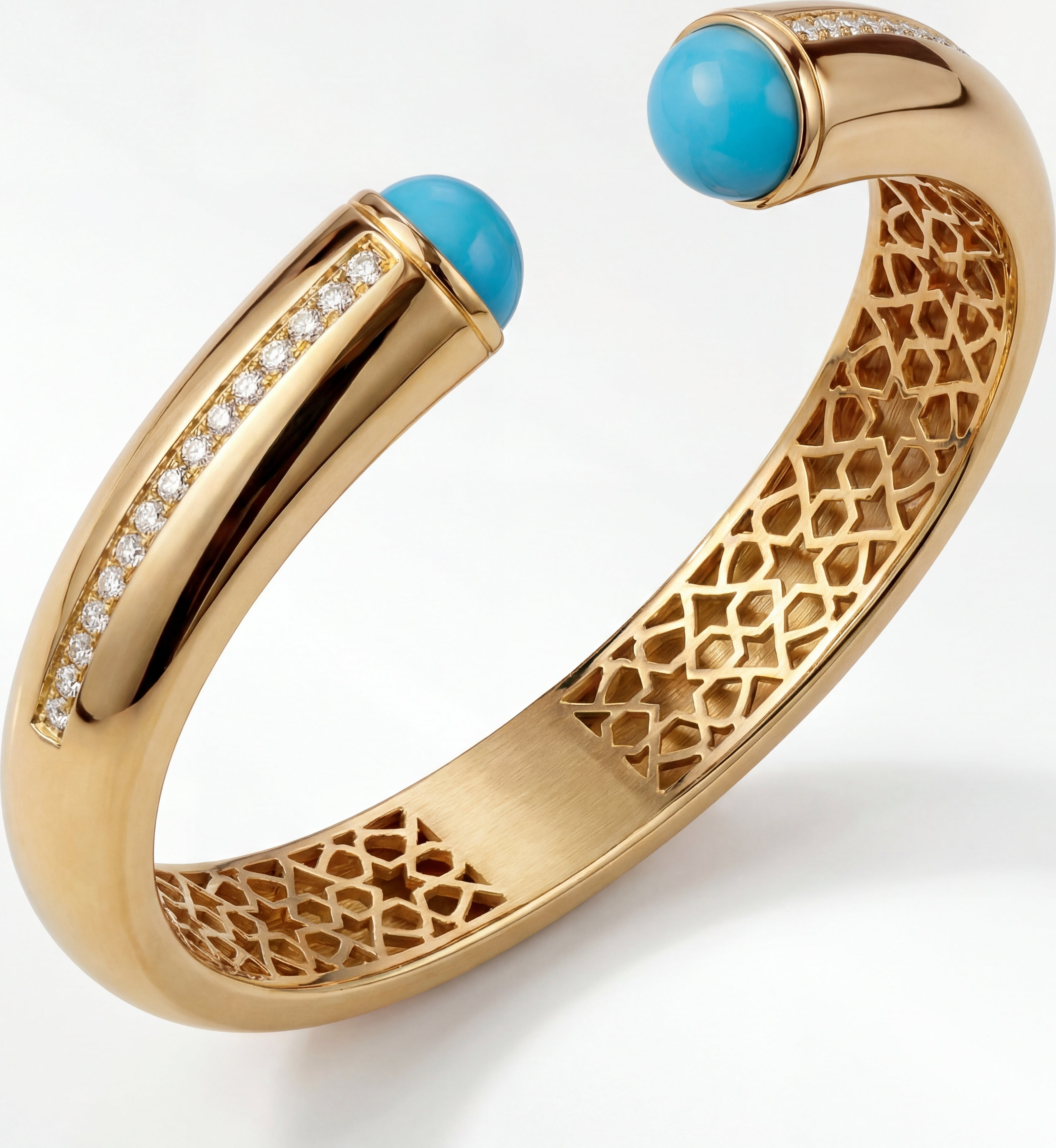 Firouzeh Turquoise Cuff Bracelet inner lattice detail, gold craftsmanship