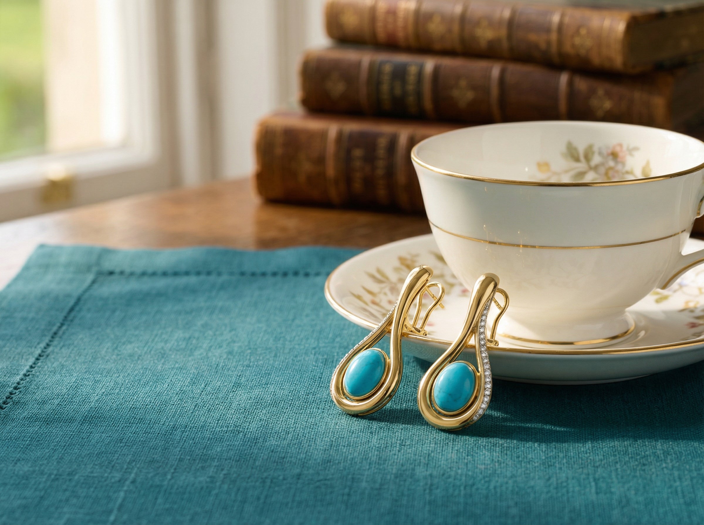 Firouzeh Turquoise Drop Earrings styled with Persian tea setting
