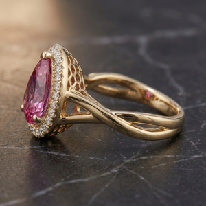 Side profile of Chinar ring showing twisted split-shank and muqarnas gallery engraving