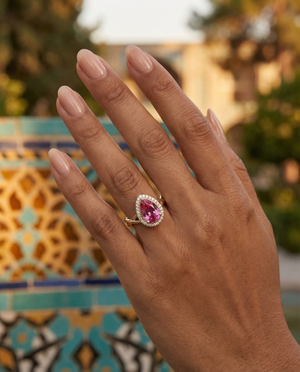 Chinar Engagement Ring - Pear-Cut Pink Sapphire Halo - Lifestyle