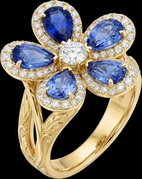 Persian Flower Ring 18ct White Gold Blue Sapphire - Silux London Golestan Collection