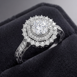 Roshanak engagement ring - hero shot showing muqarnas halo and round brilliant diamond