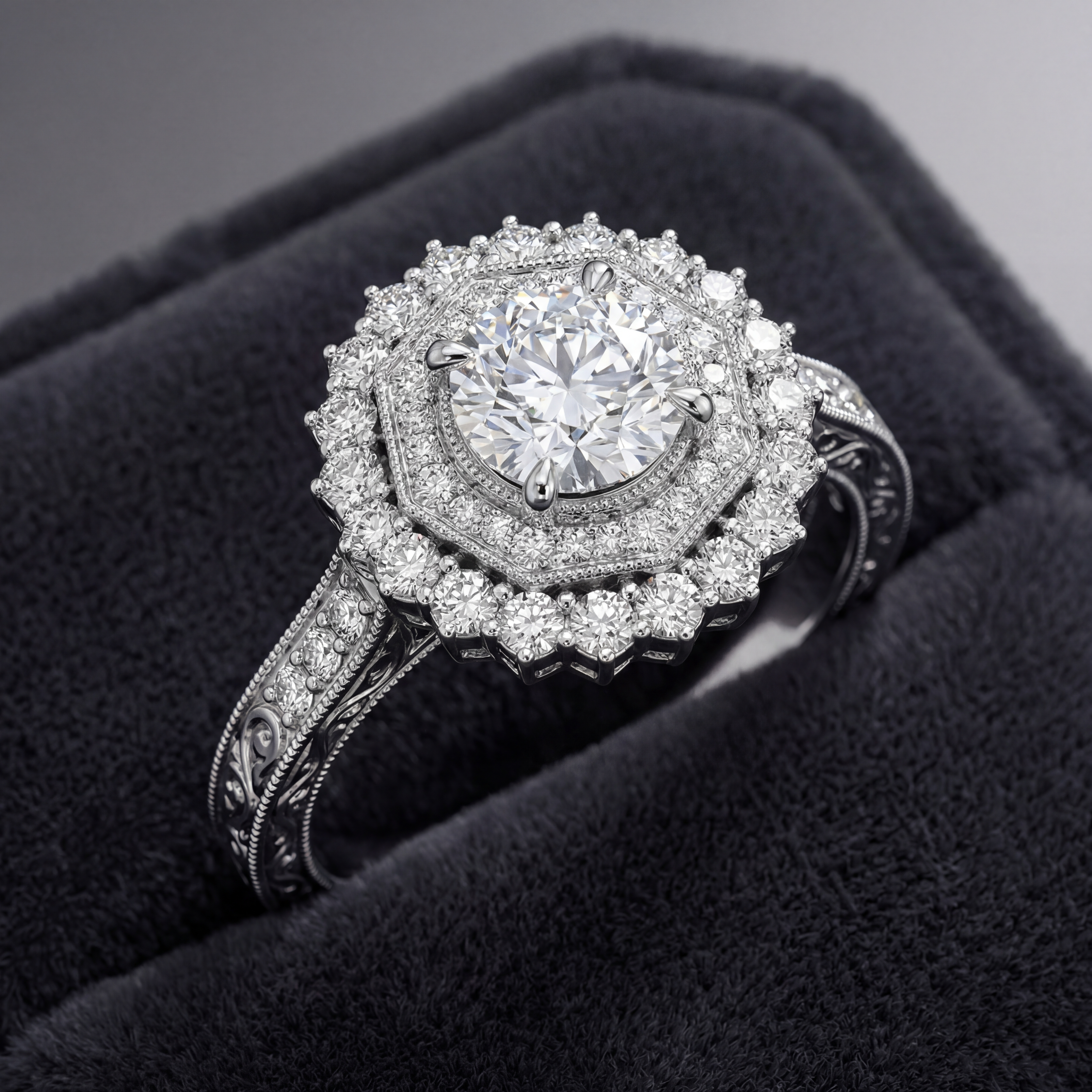 Roshanak engagement ring - hero shot showing muqarnas halo and round brilliant diamond