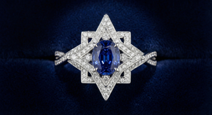 Kohestar Engagement Ring - Hero view, oval sapphire in shamseh star setting, 18ct white gold