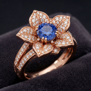 Golnar engagement ring - five-petal pomegranate blossom with cornflower blue sapphire in 18ct rose gold