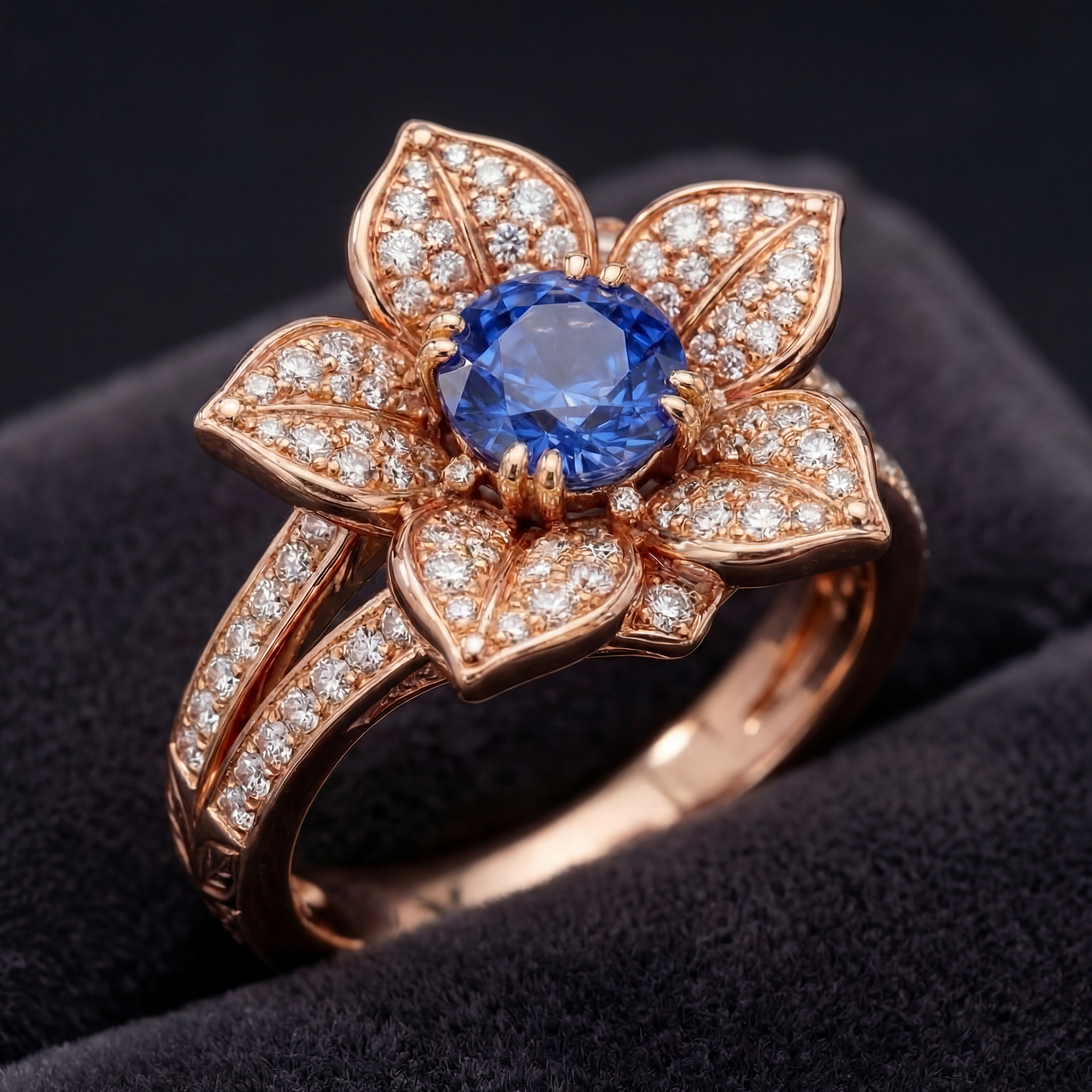 Golnar engagement ring - five-petal pomegranate blossom with cornflower blue sapphire in 18ct rose gold