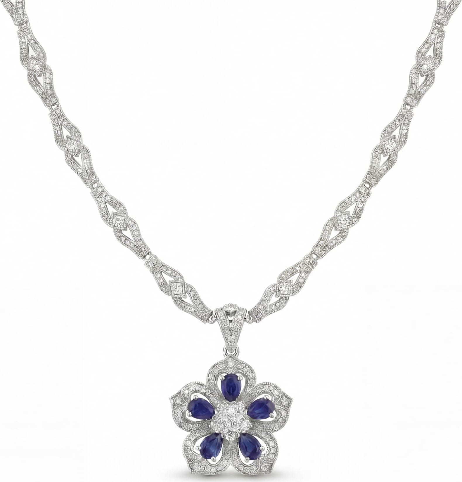 Gol-e Sefid pendant close-up showing sapphire centre and diamond petal details