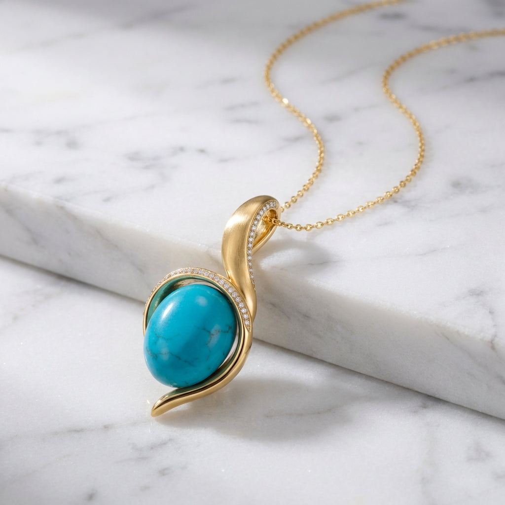 Firouzeh Turquoise Pendant, 45-degree angle showing design detail