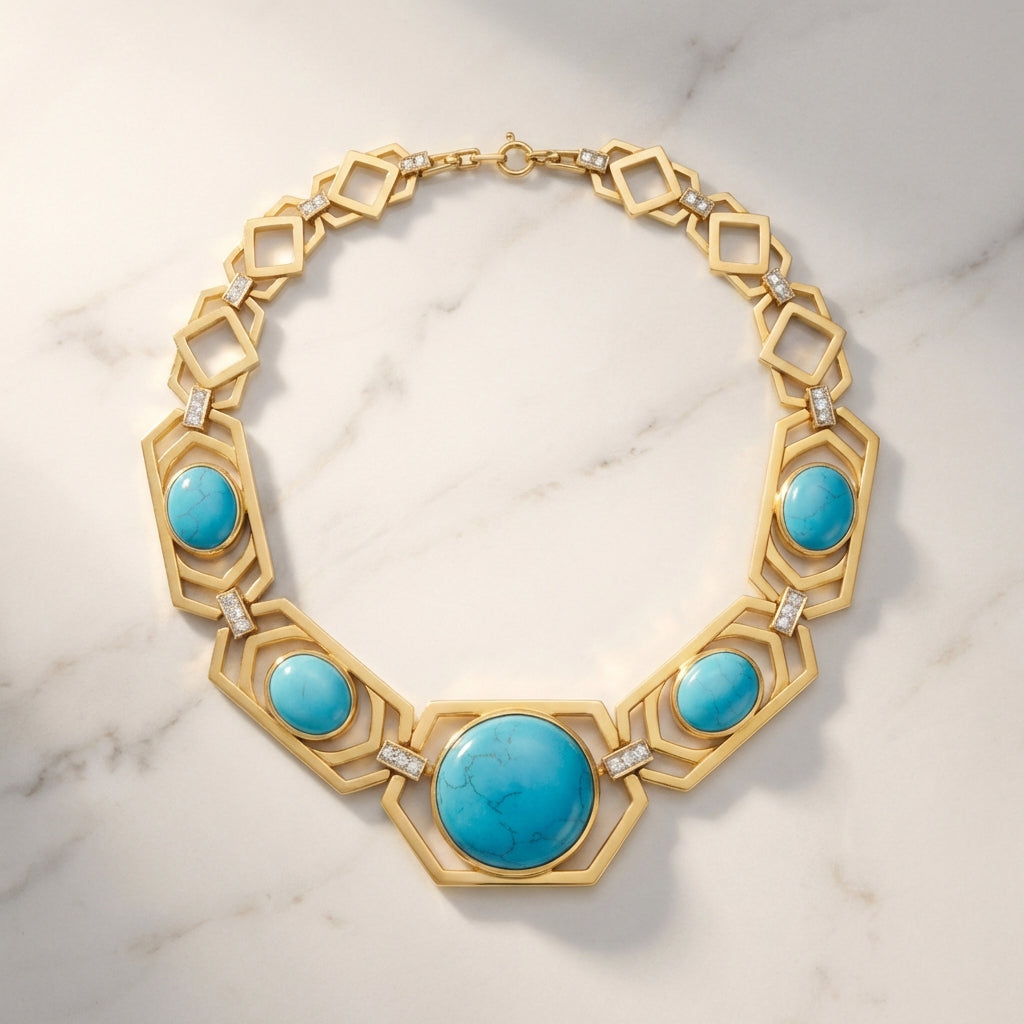 Firouzeh Turquoise Collar Necklace, 45-degree angle showing design detail
