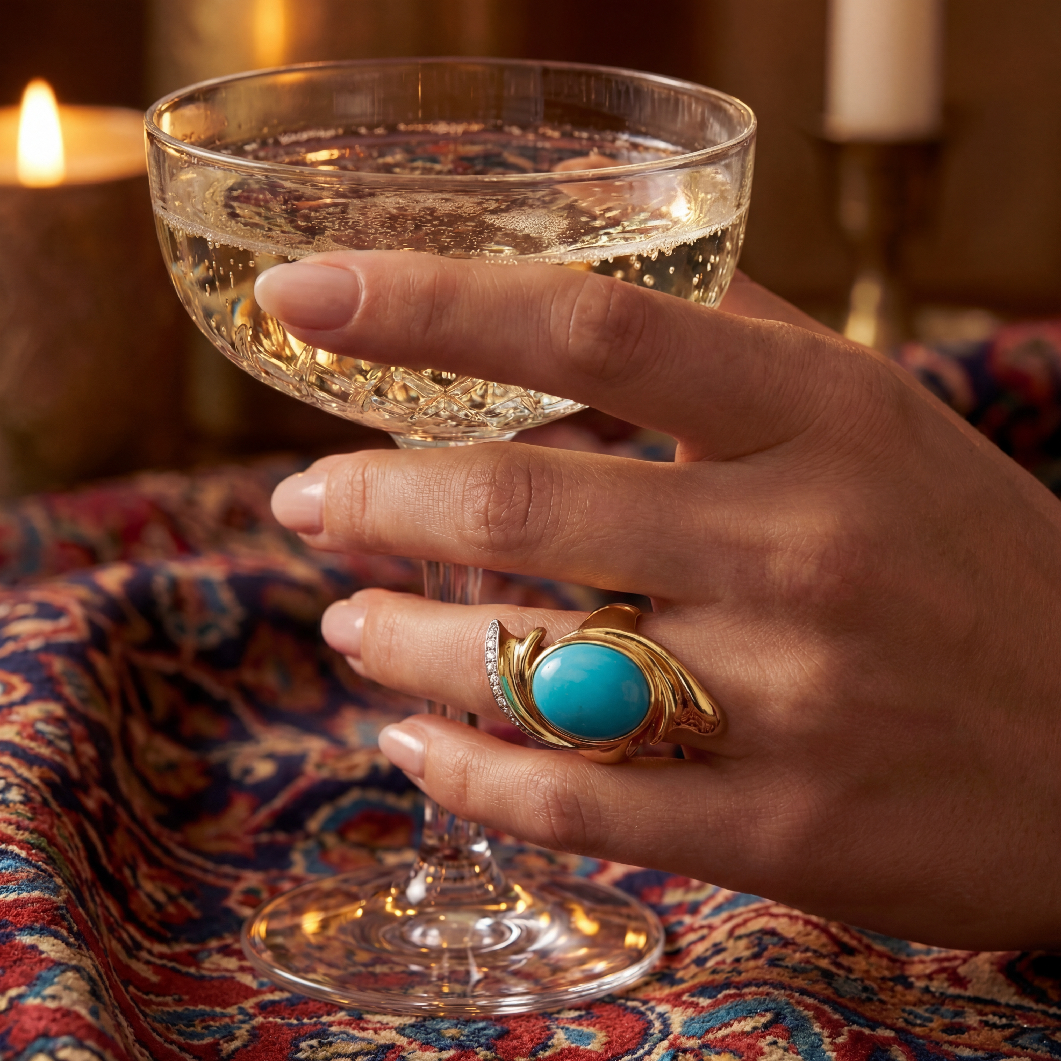 Firouzeh Turquoise Cocktail Ring in dramatic evening lighting