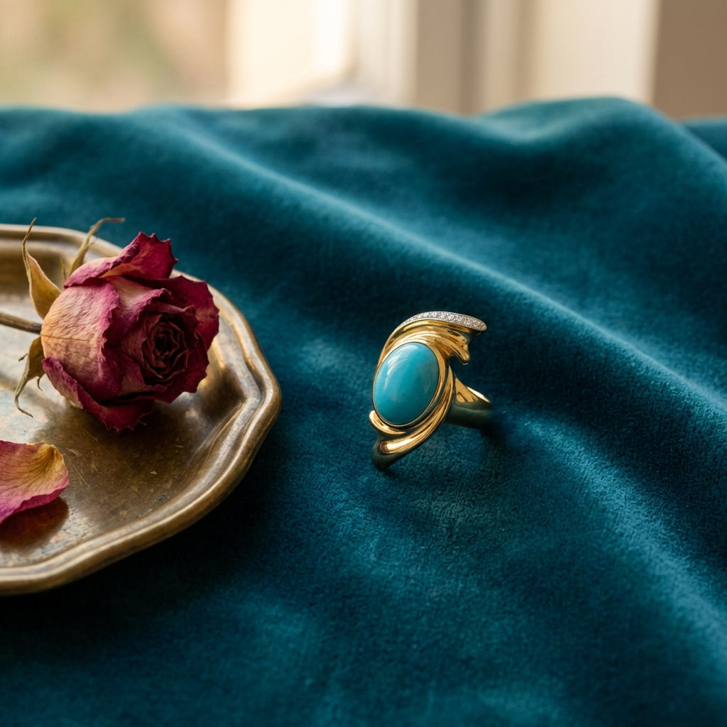 Firouzeh Turquoise Cocktail Ring styled on teal surface with Persian tea