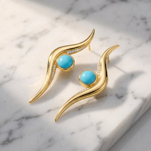 Firouzeh Turquoise Ribbon Drop Earrings, 45-degree angle showing design detail
