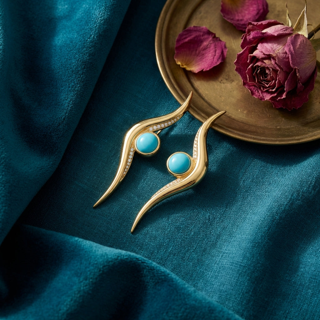 Firouzeh Turquoise Ribbon Drop Earrings styled on teal surface