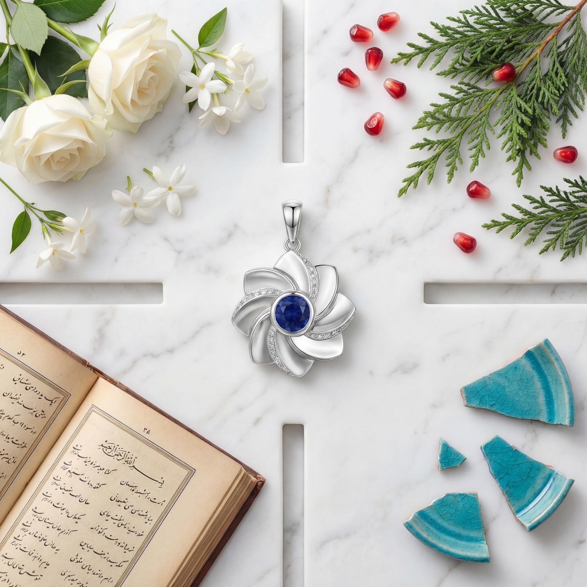 Gol-e Behesht pendant side view showing sculptural depth in white gold