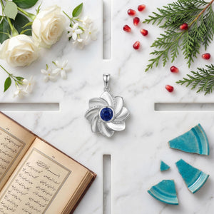 Gol-e Behesht pendant side view showing sculptural depth in white gold