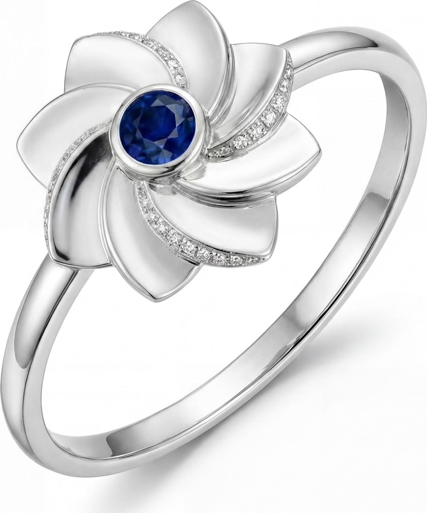 Gol-e Behesht flower ring in 18ct white gold with blue sapphire by Silux London