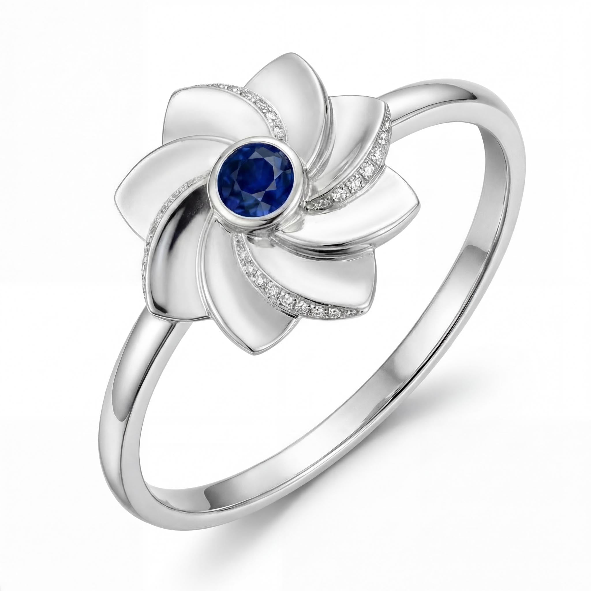 Gol-e Behesht flower ring in 18ct white gold with blue sapphire by Silux London