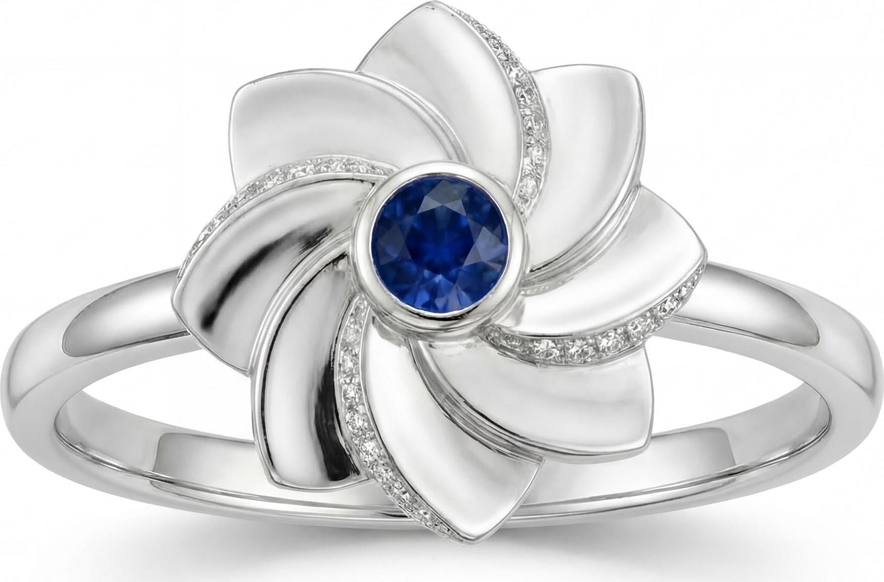 Gol-e Behesht ring side view showing sculptural petal depth in white gold