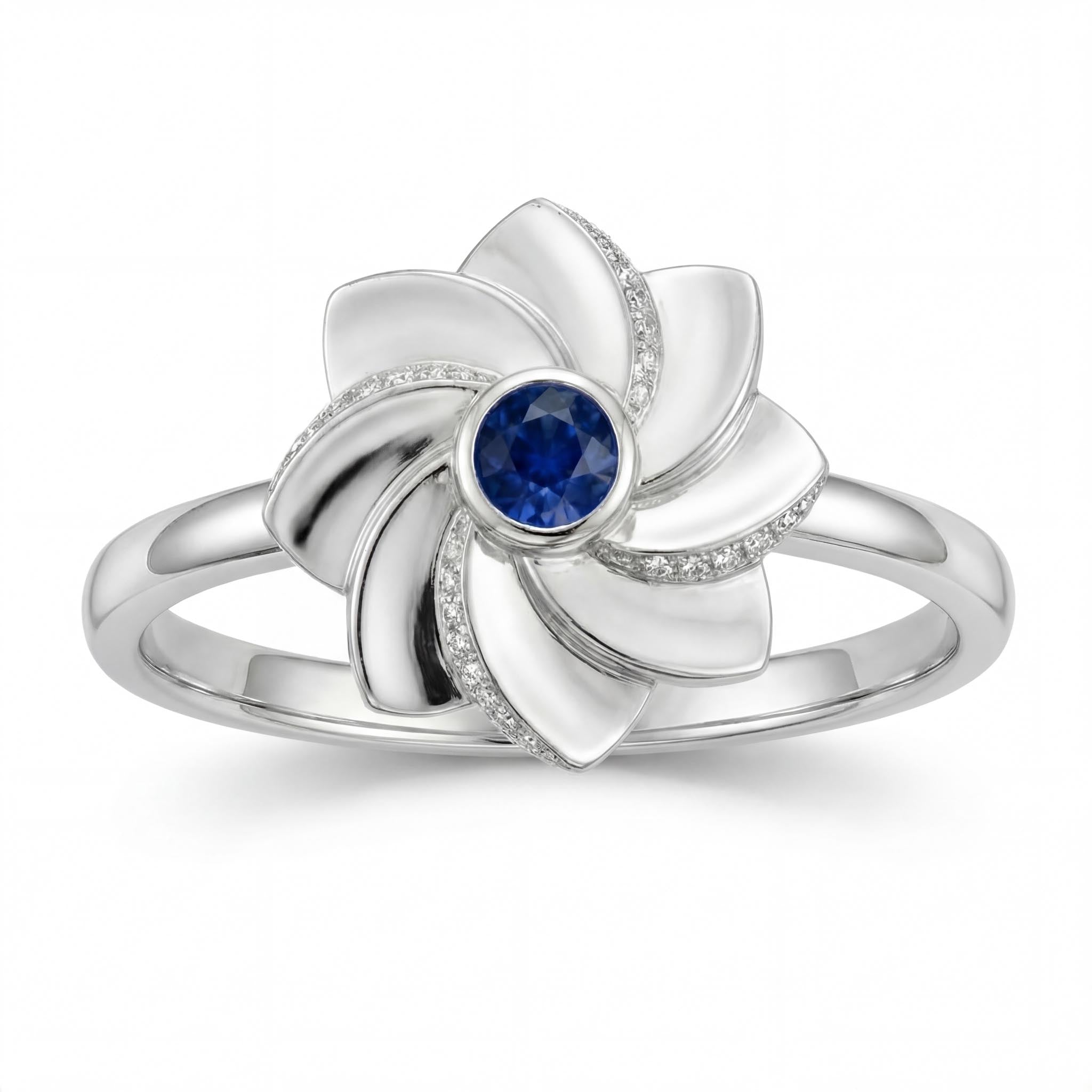 Gol-e Behesht ring side view showing sculptural petal depth in white gold