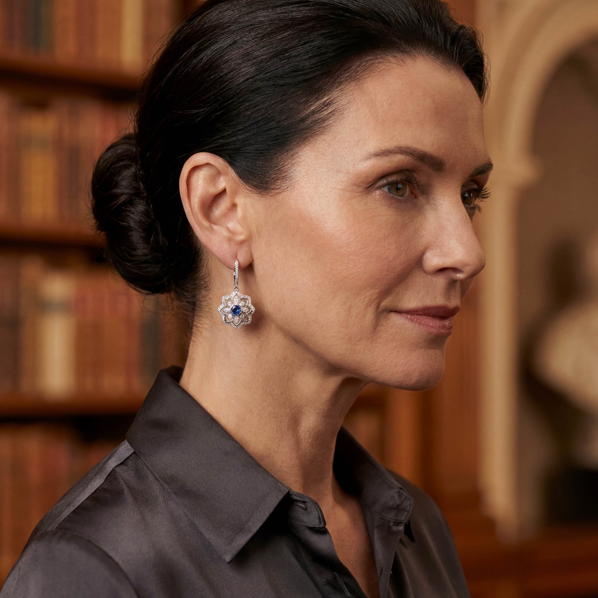 Gol-e Sefid earrings alternate angle showing sculptural depth and sapphires