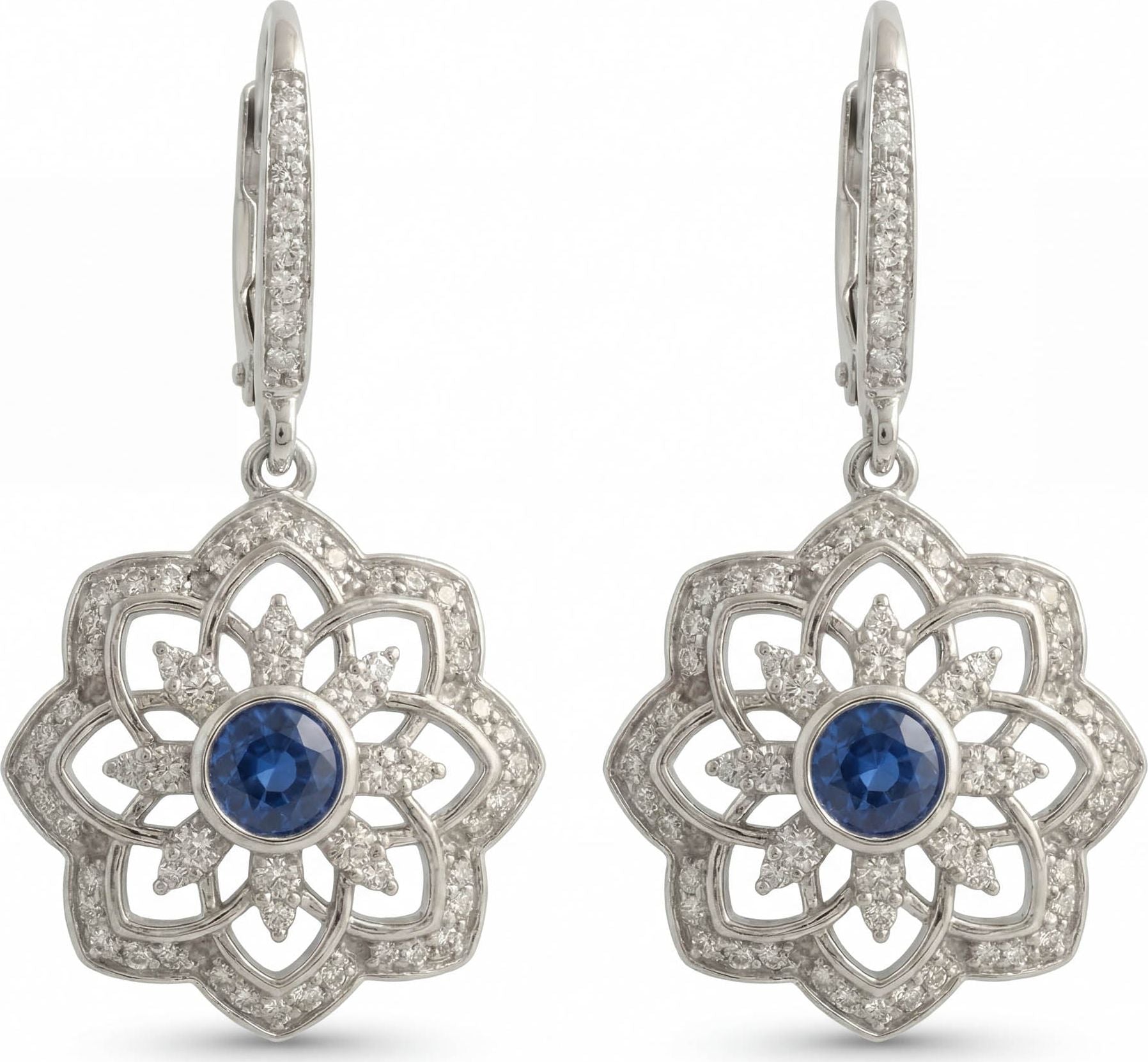 Gol-e Sefid drop earrings in 18ct white gold with blue sapphires by Silux London