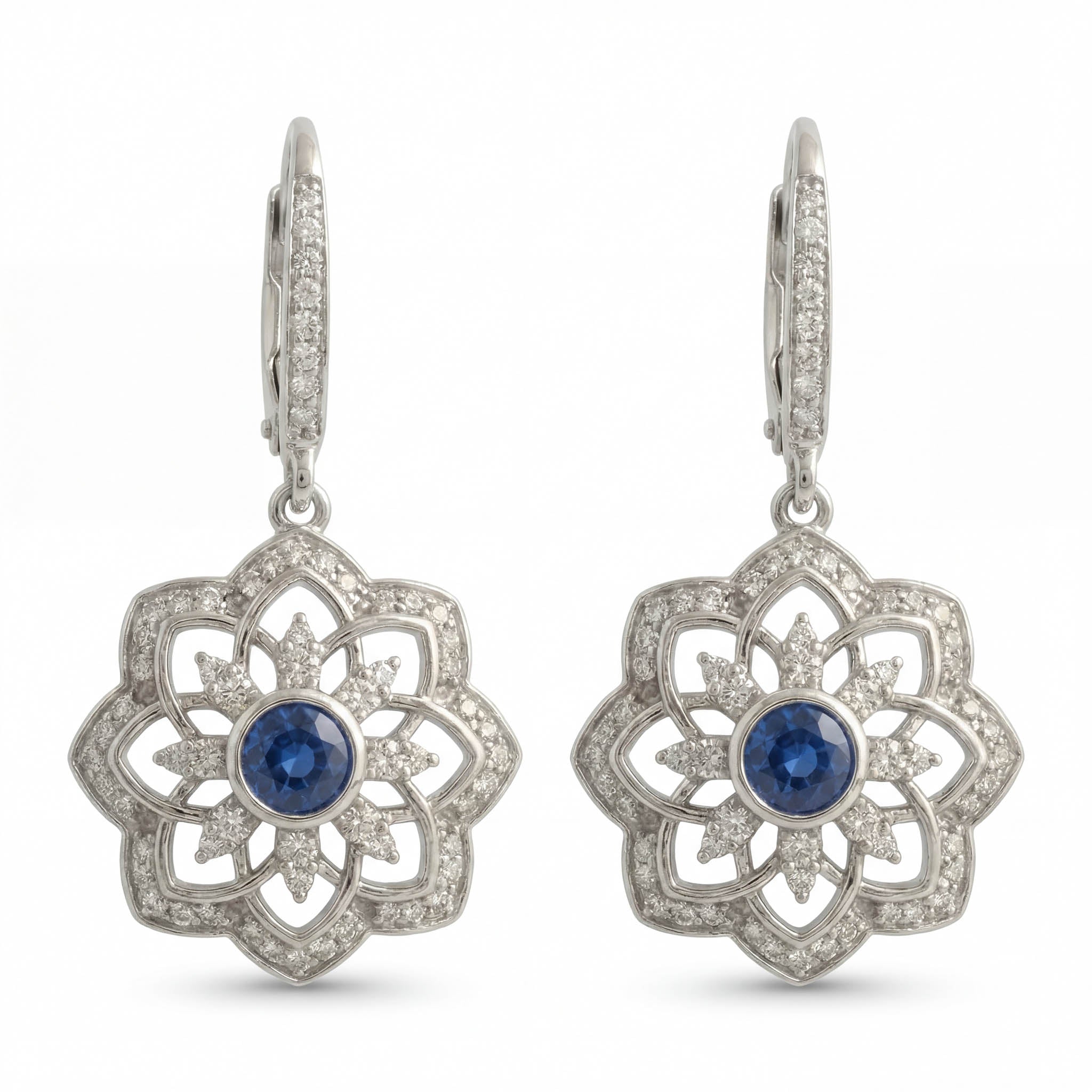 Gol-e Sefid drop earrings in 18ct white gold with blue sapphires by Silux London