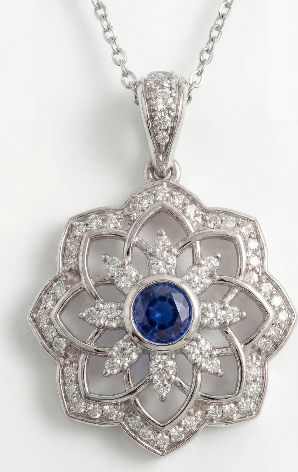 Gol-e Shab pendant in 18ct white gold with blue sapphire centre by Silux London