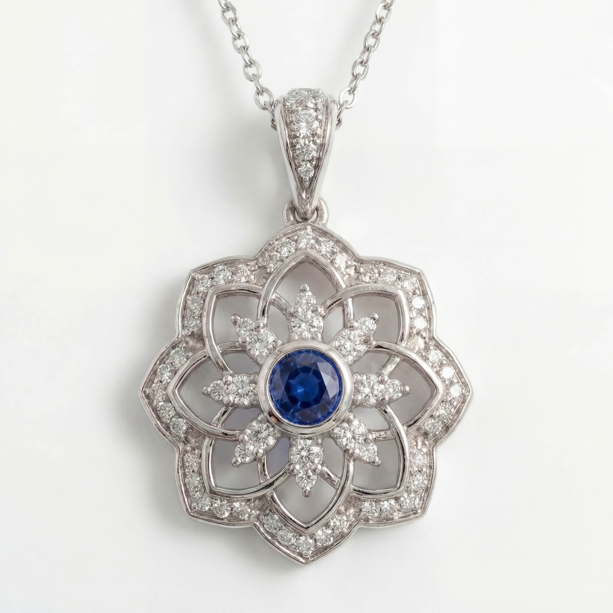 Gol-e Shab pendant in 18ct white gold with blue sapphire centre by Silux London