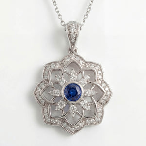 Gol-e Shab pendant in 18ct white gold with blue sapphire centre by Silux London