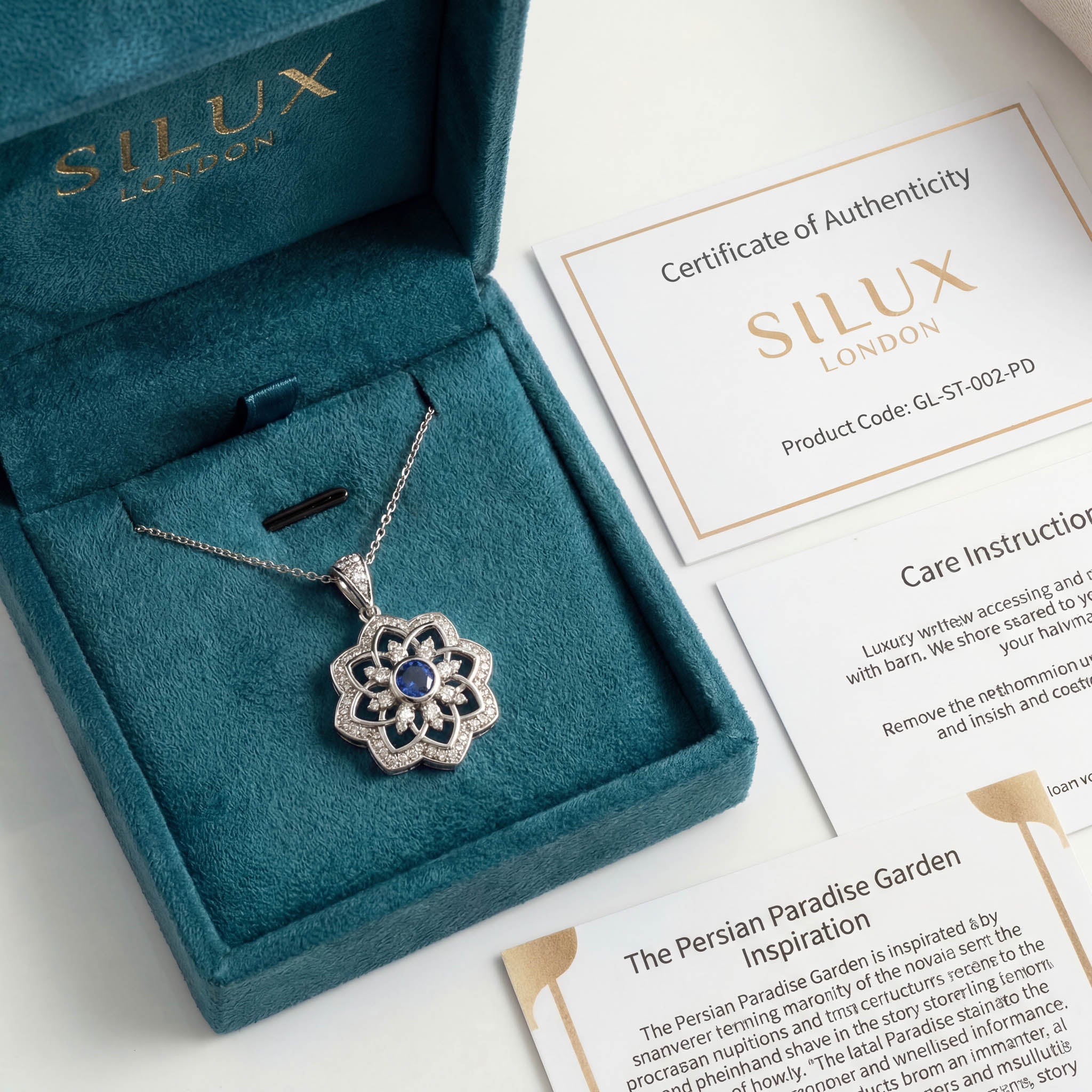 Gol-e Shab pendant side view showing layered white gold architecture