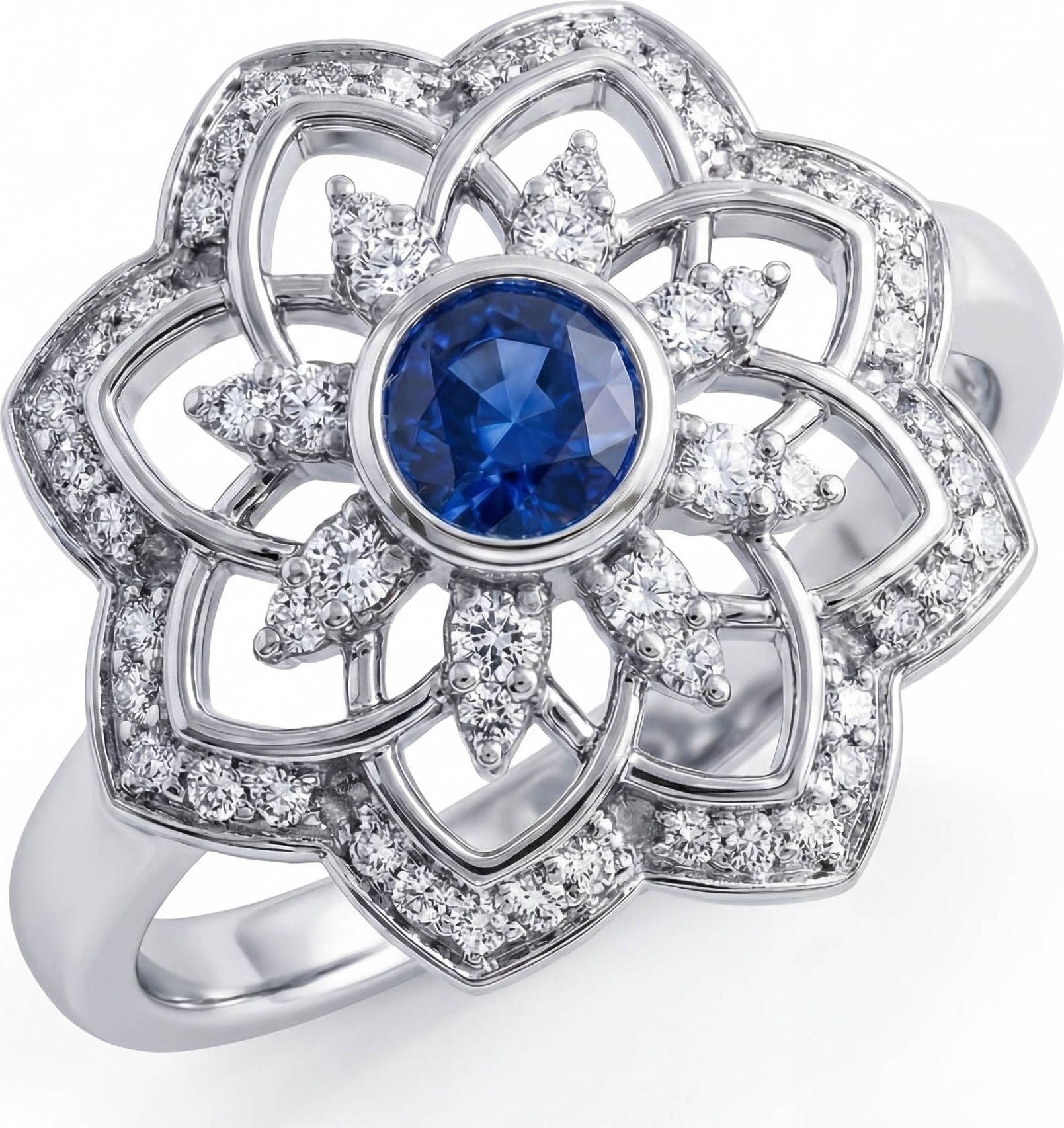 Gol-e Kabud ring in 18ct white gold with blue sapphire and diamond petals by Silux London