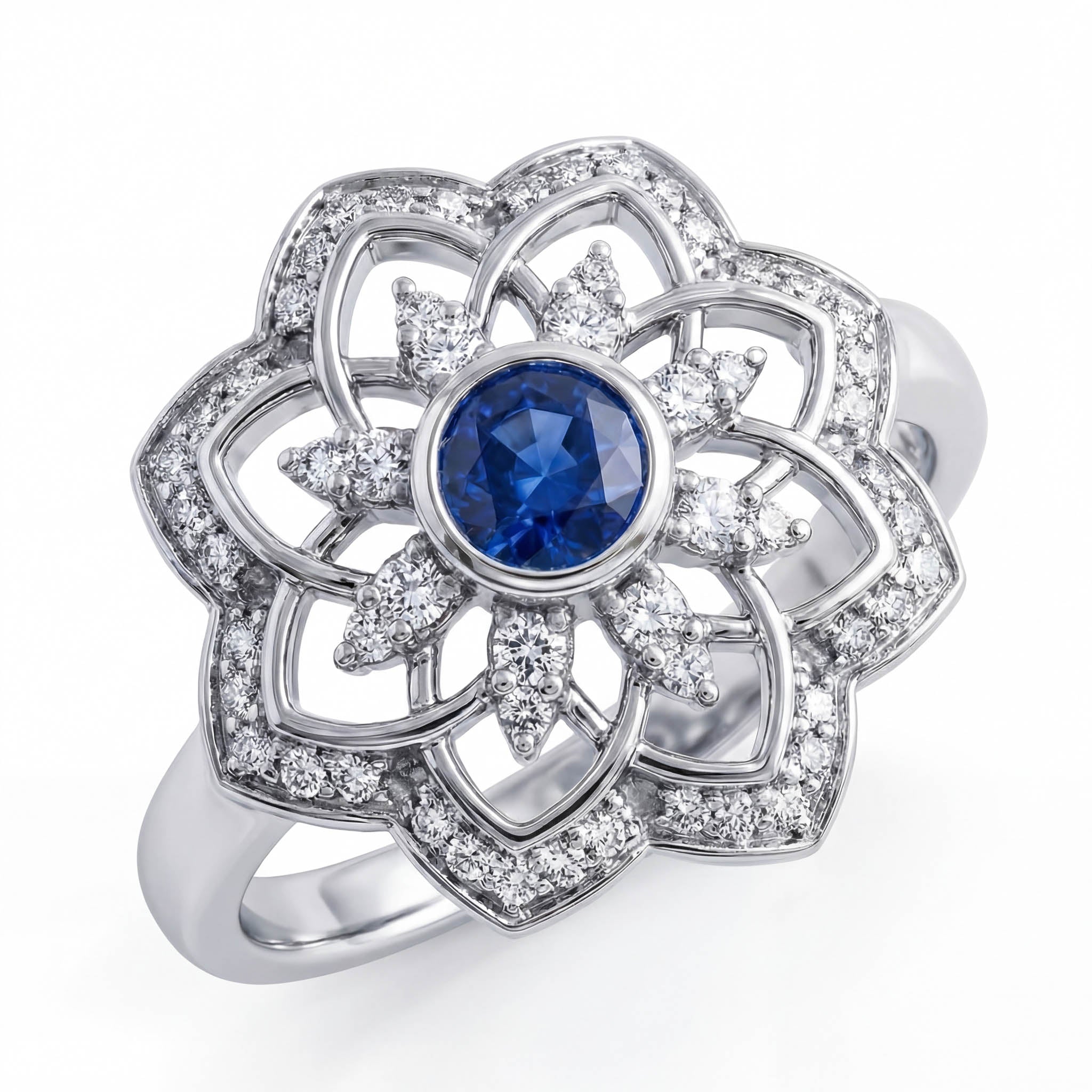 Gol-e Kabud ring in 18ct white gold with blue sapphire and diamond petals by Silux London
